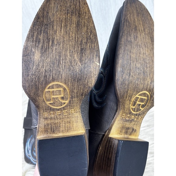 Roper Riley Western Cowboy Boots Brown Blue Embroidery Snip Toe 10 NWOT - Picture 6 of 8